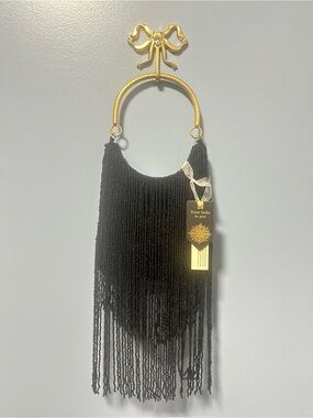 Black Beaded Fringe Party Bag Brass Handle NWT